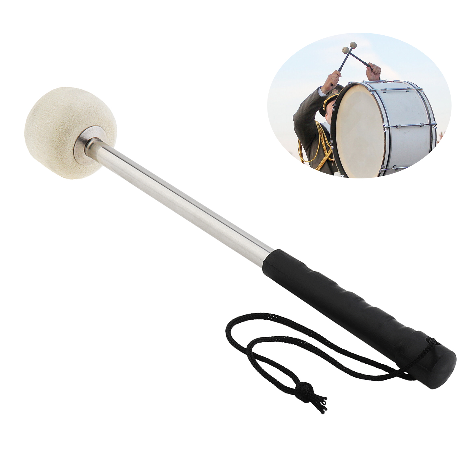 Stainless Steel Felt Drumstick for Bass Drum with Taping, Woolen Felt Military Hammer