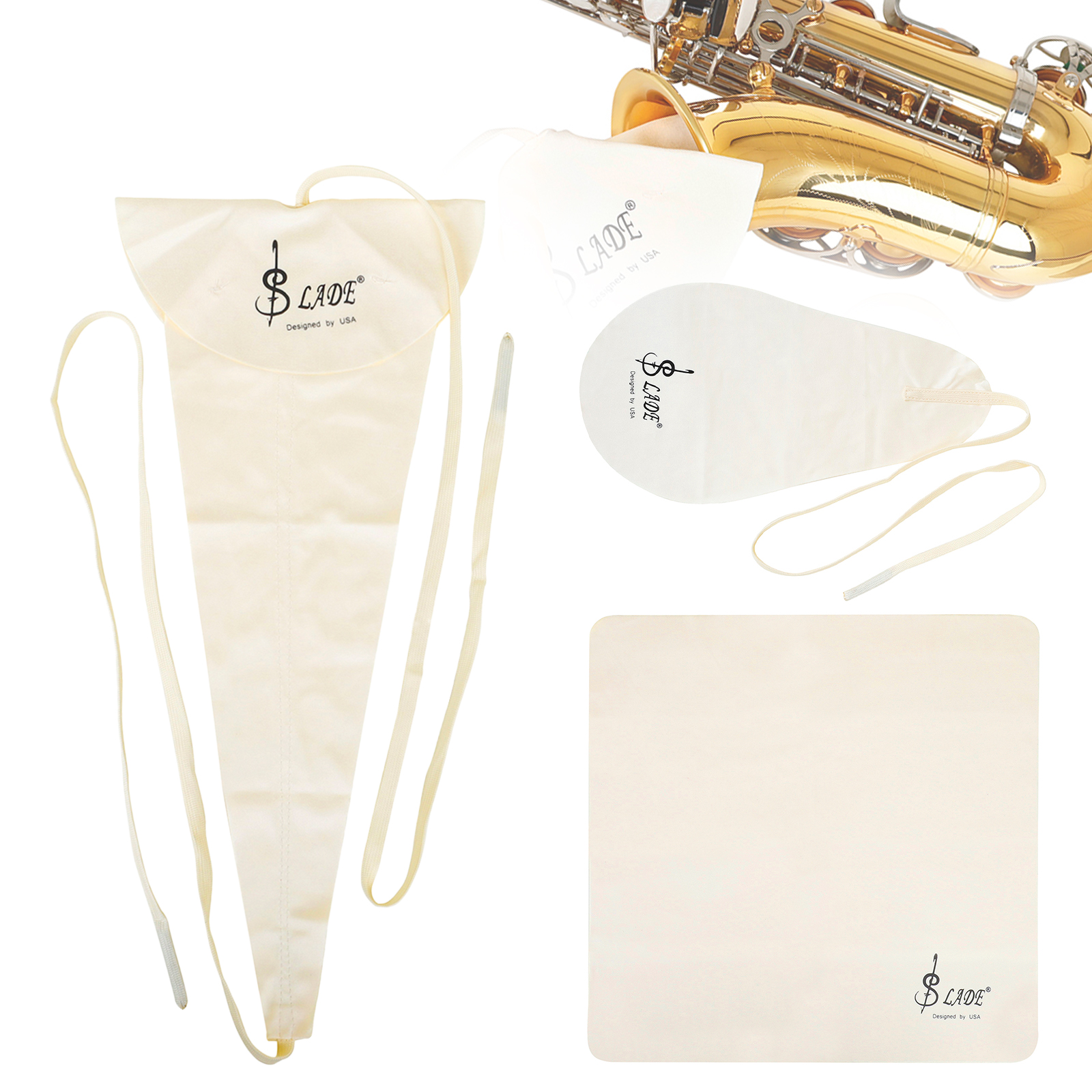 3 pcs Cotton Saxophone Inner Chamber Cleaning Cloth Kit for Saxophone / Clarinet / Flute / Trumpet Instruments with Long Stereoscopic Cleaning Cloth, Oval Cleaning Cloth, Square Cleaning Cloth, Beige Highly Absorbent Sax Cleaning Cloth