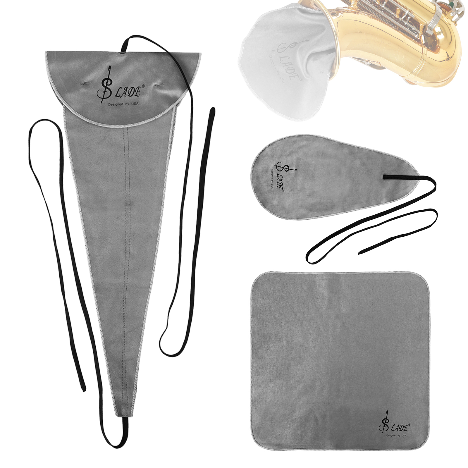 3 pcs Cotton Saxophone Inner Chamber Cleaning Cloth Kit for Saxophone / Clarinet / Flute / Trumpet Instruments with Long Stereoscopic Cleaning Cloth, Oval Cleaning Cloth, Square Cleaning Cloth, Gray Highly Absorbent Sax Cleaning Cloth