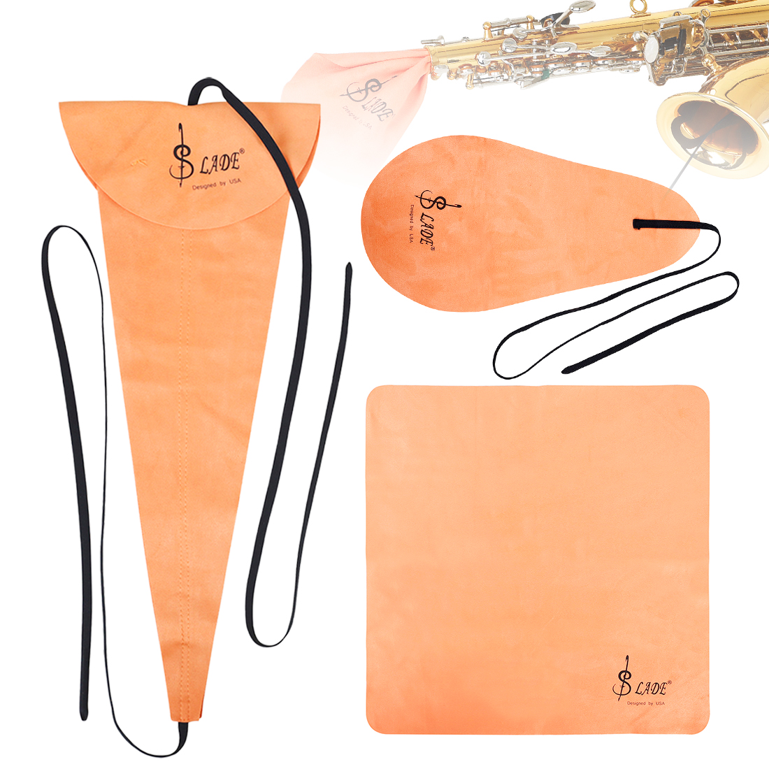 3 pcs Cotton Saxophone Inner Chamber Cleaning Cloth Kit for Saxophone / Clarinet / Flute / Trumpet Instruments with Long Stereoscopic Cleaning Cloth, Oval Cleaning Cloth, Square Cleaning Cloth, Orange Highly Absorbent Sax Cleaning Cloth