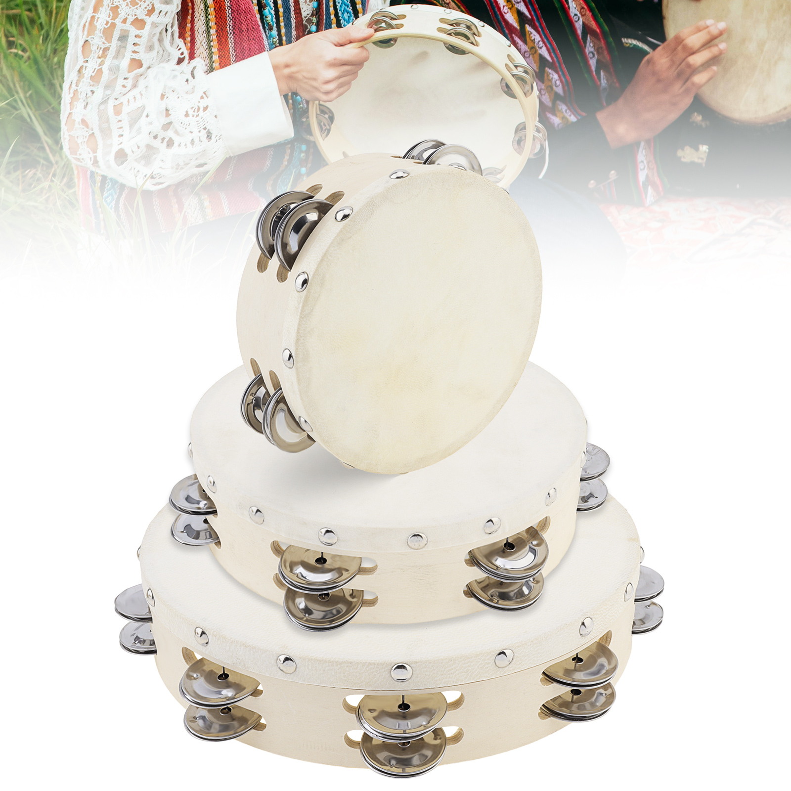 6 / 8 / 10 inch Double Row Jingles Tambourine Handbell Hand Drum for Church / Dance / Party / KTV, Wood Sheepskin Tambourine
