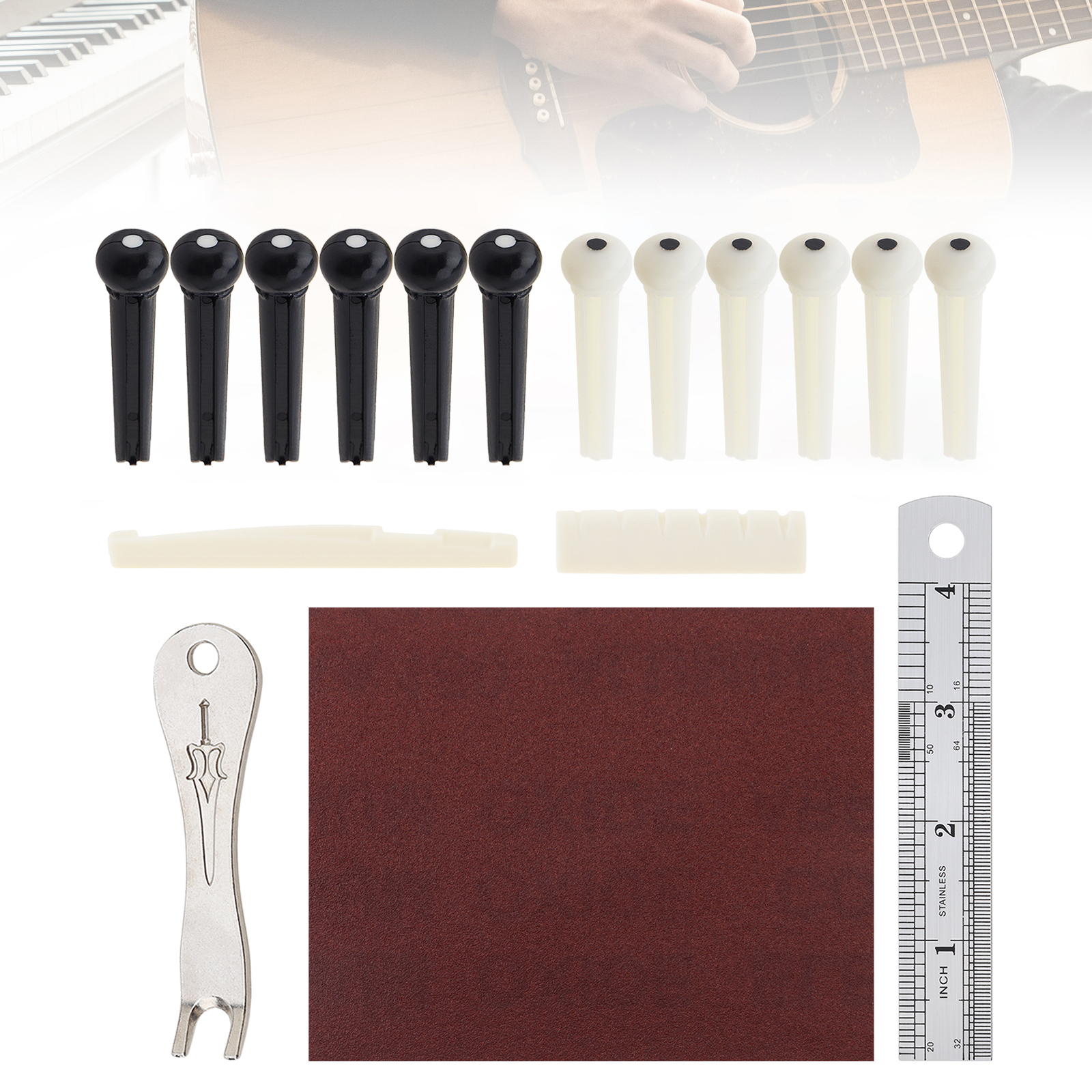 17 pcs Black White Plastic Acoustic Guitar Bridge Pins Saddle Nut Kit with Bridge Pin Puller Remover, Steel Ruler, Sandpaper, Guitar Pegs Replacement Tool Set