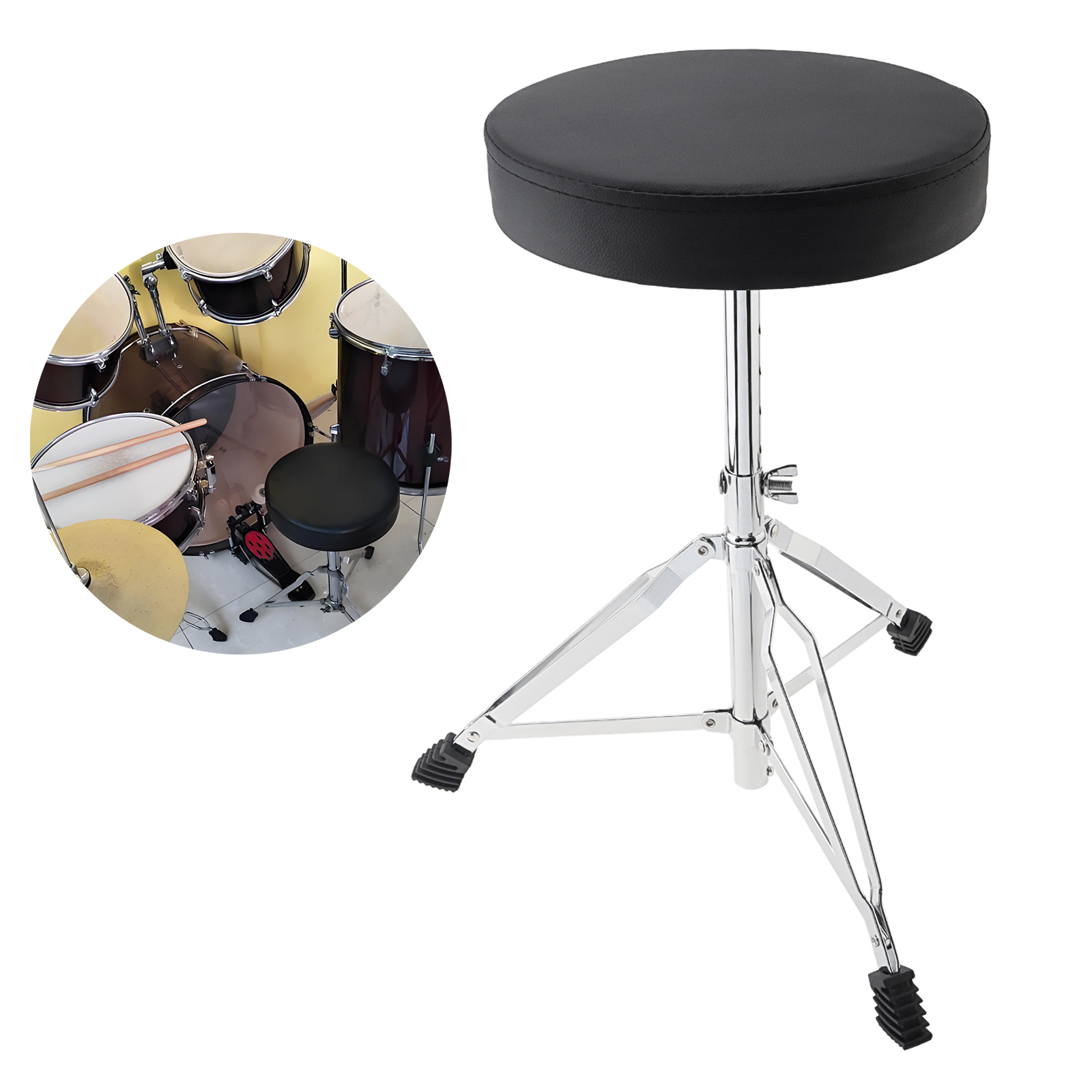 Height Adjustable PU Leather Drum Stool for Adults Beginner Drummers with Stainless Steel Thickened Triangular Leg Bracket, Black Padded Drum Seat